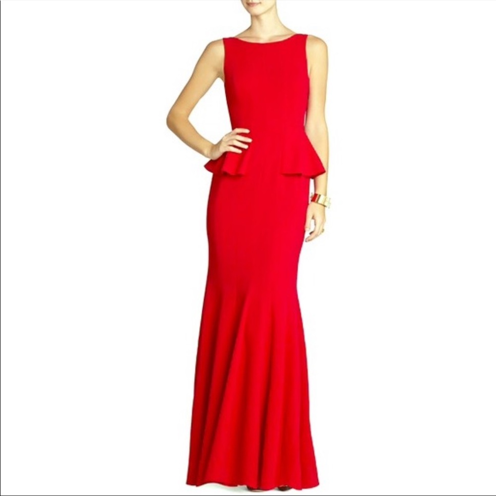 BCBG red peplum gown never worn size 2😍🤍 so stunning and has a tiny train!